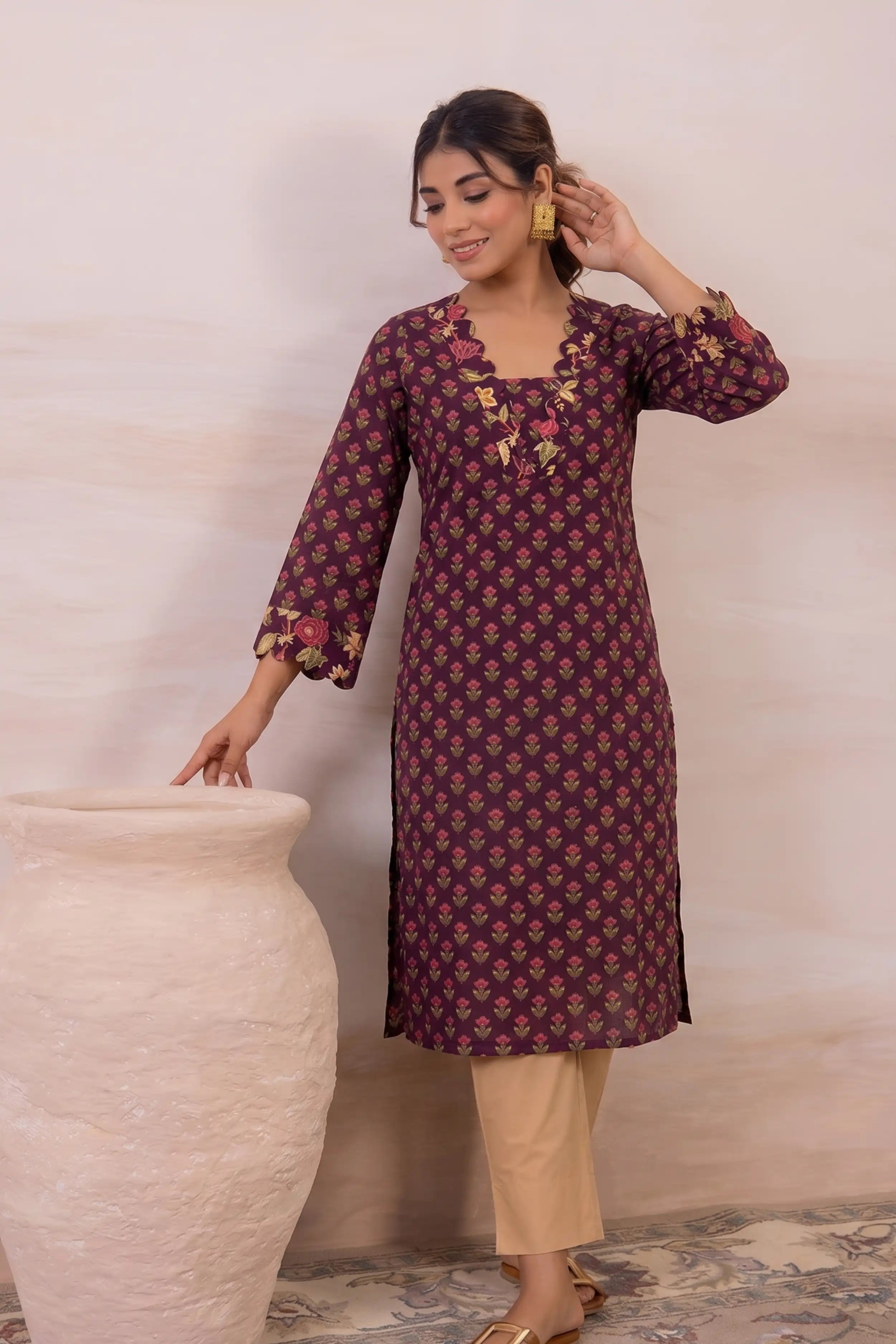 Burgundy Floral Printed Cotton Straight Kurta