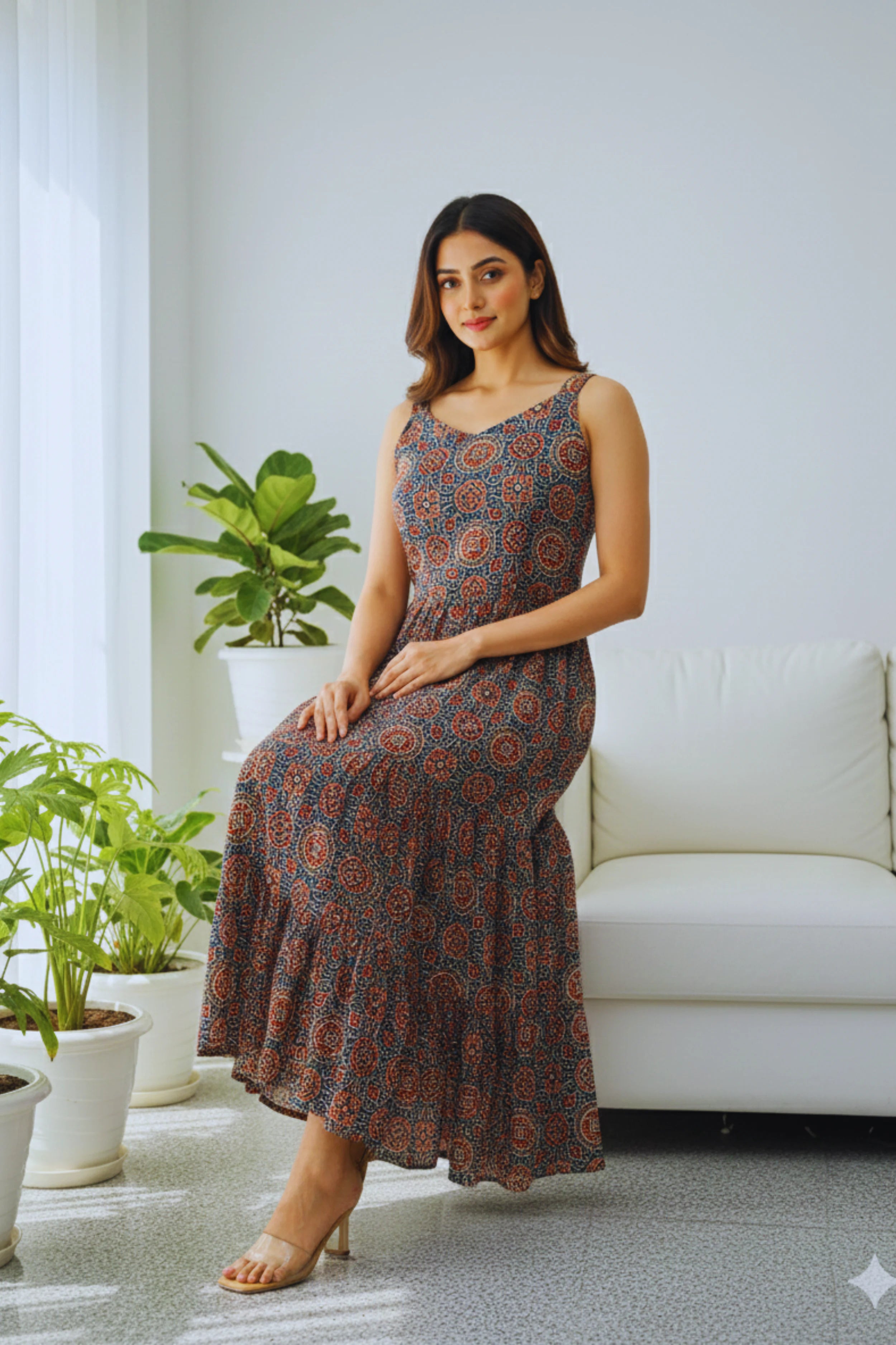 Indigo Ajrak Printed cotton Sleeveless Flared Dress