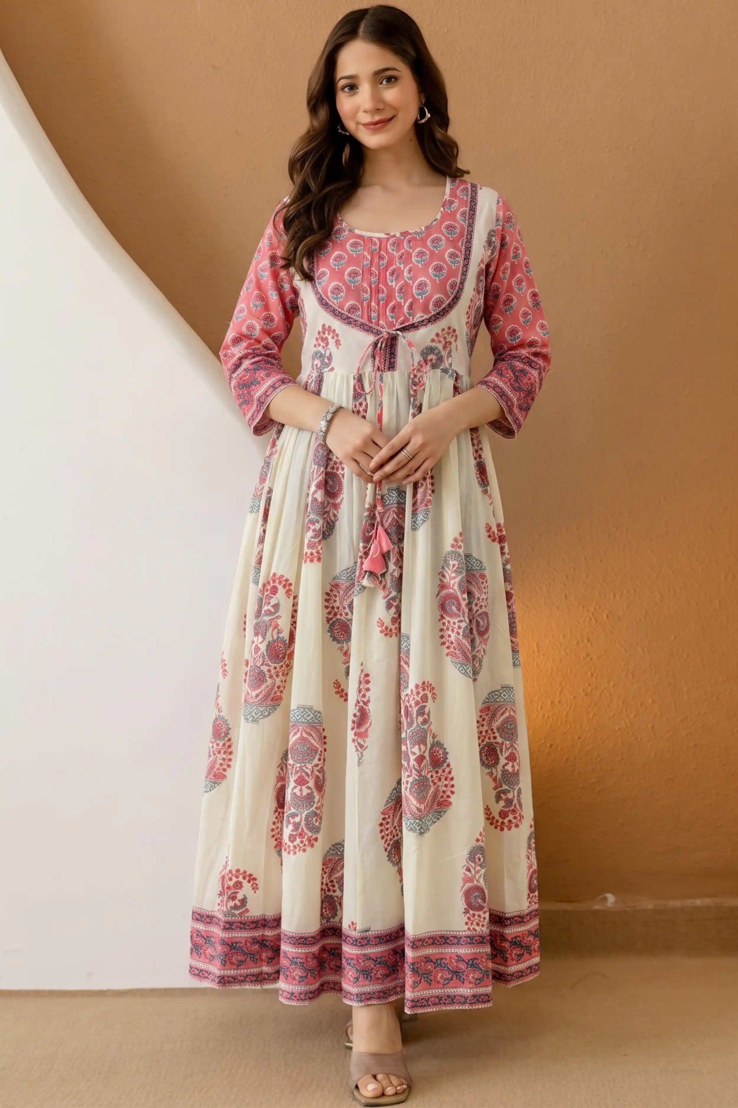 Peach Hand Block Floral Printed Anarkali Maxi Dress