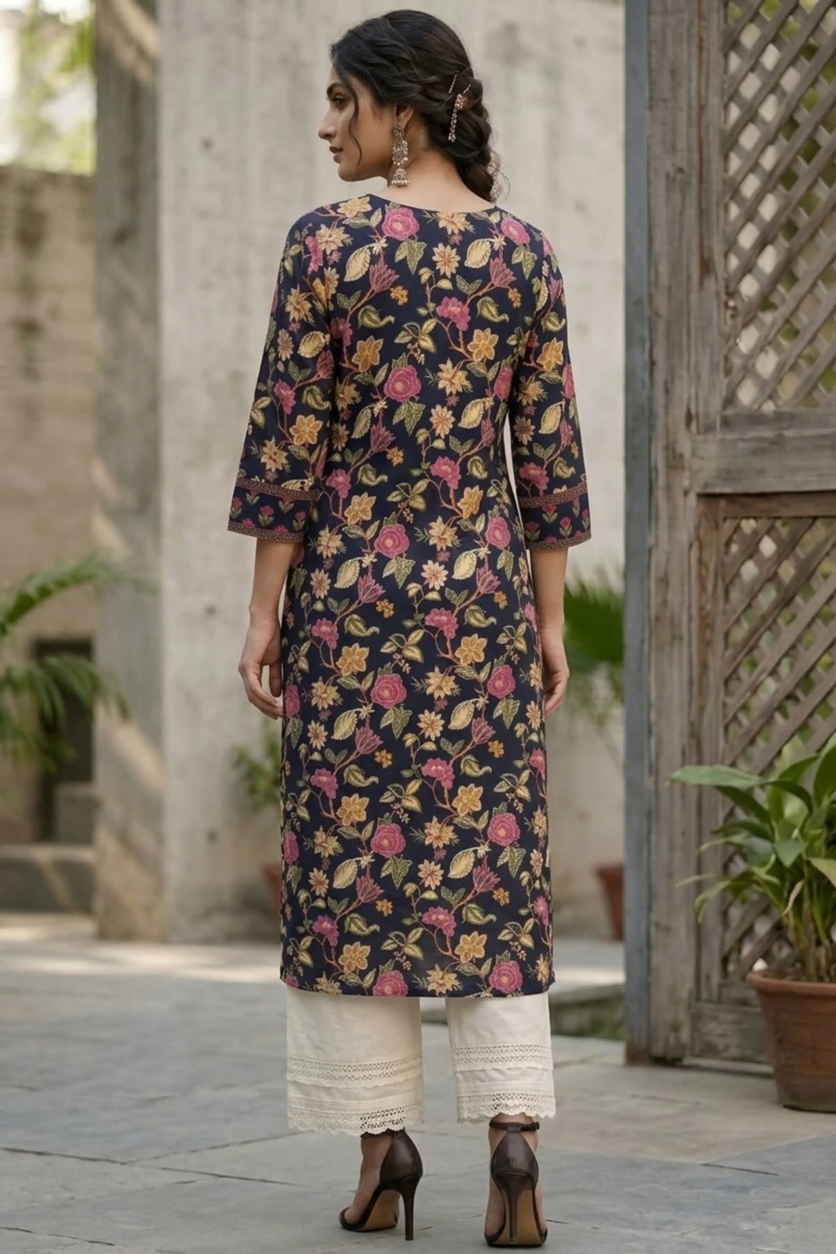 Navy Hand Printed Straight cotton Kurta