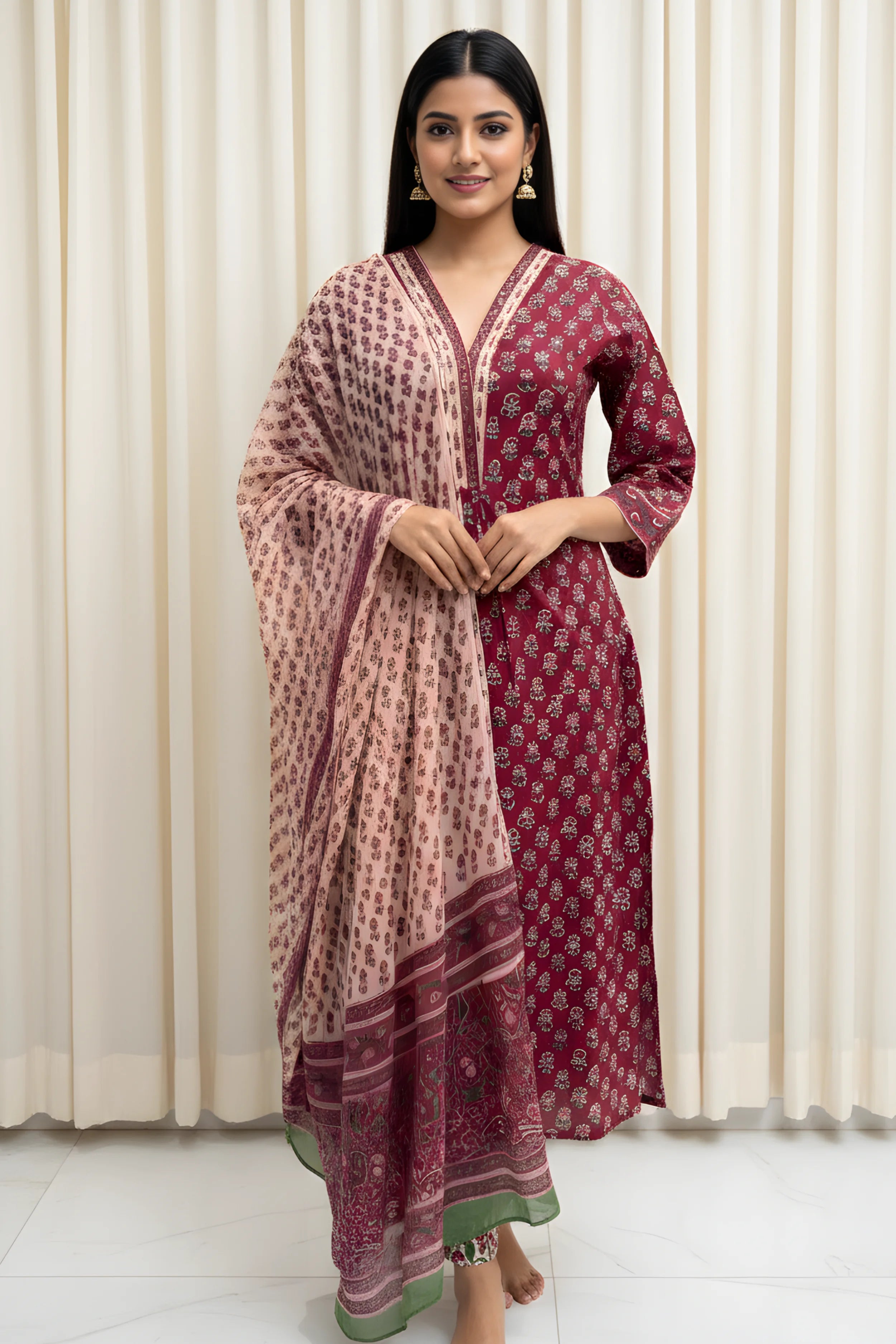 Maroon Hand Block Printed Straight Kurta Set with Dupatta