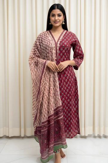 Maroon Hand Block Printed Straight Kurta Set with Dupatta