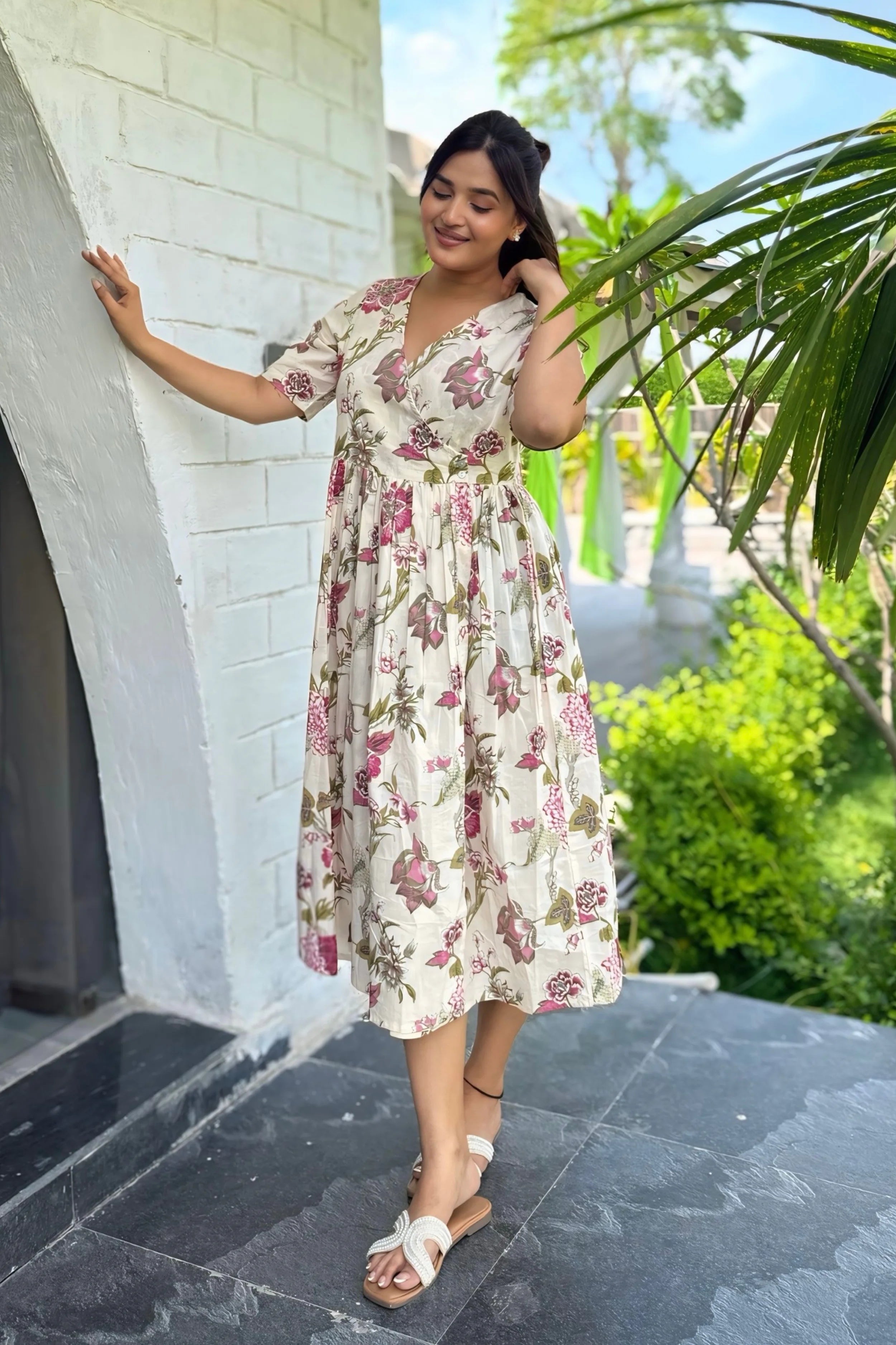 Pink Hand Printed V-Neck Midi Dress In Angrakha style