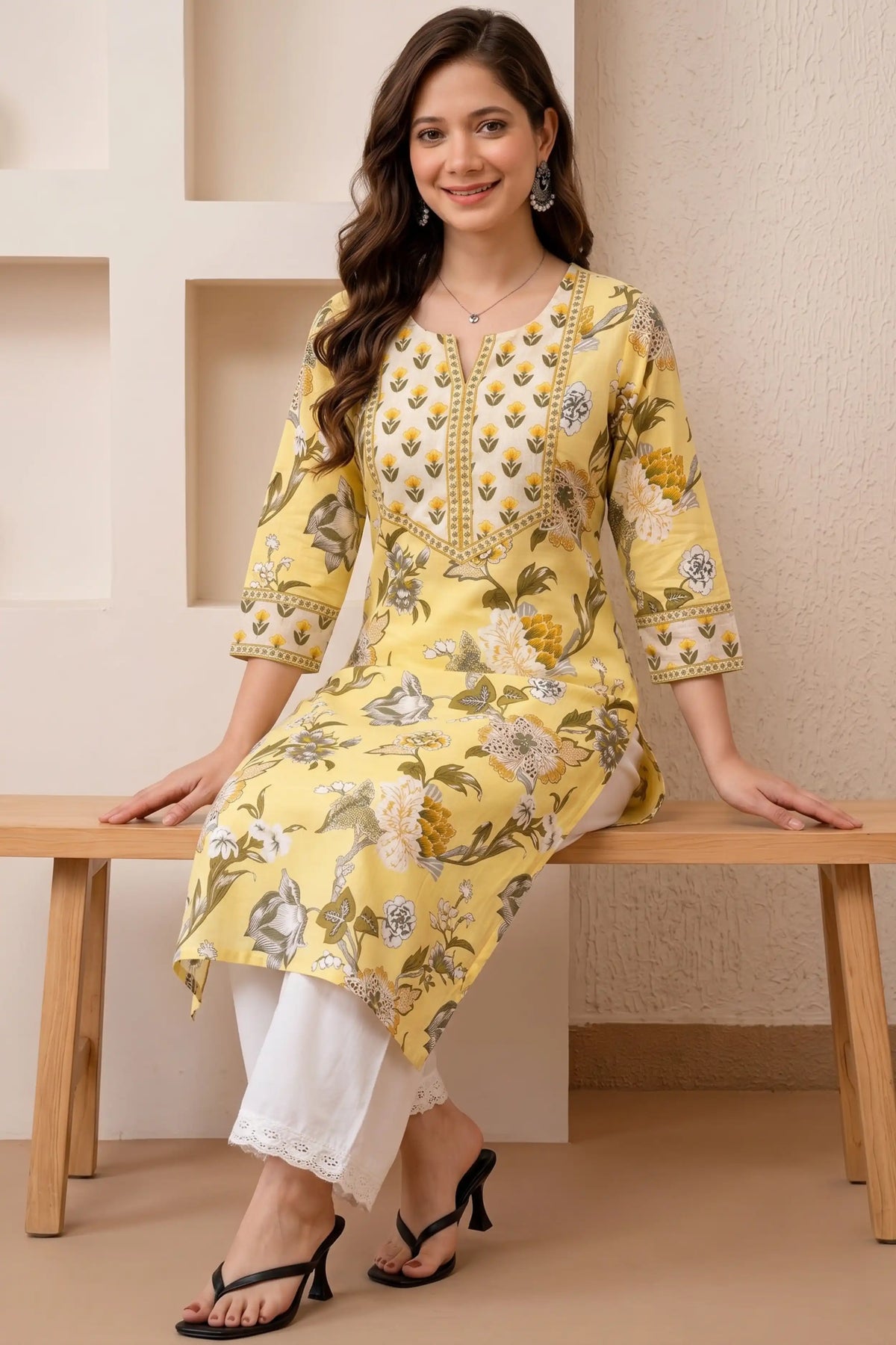 Cream Yellow Hand Printed Straight cotton Kurta
