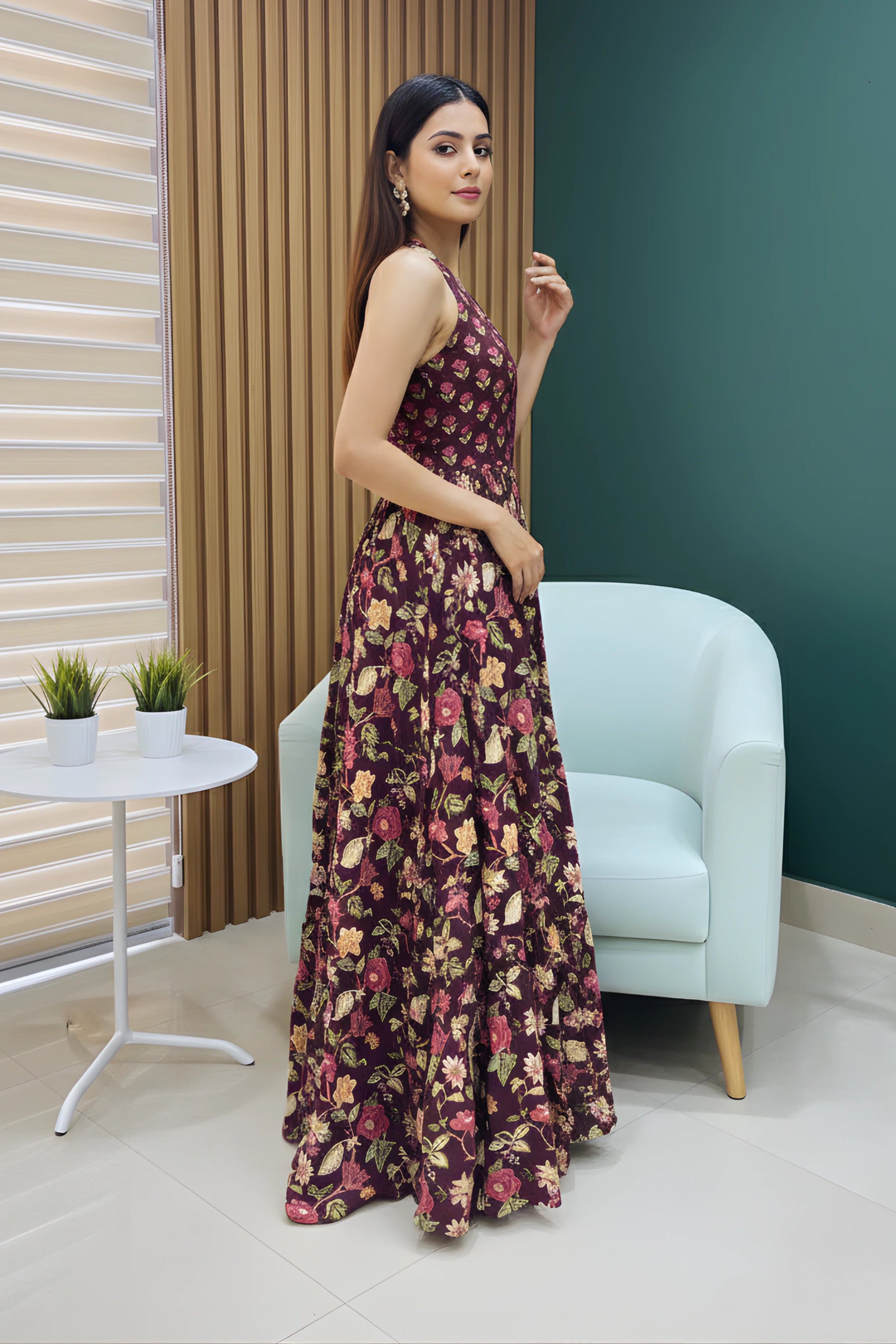 Burgundy Floral Hand Printed Halter Maxi Dress