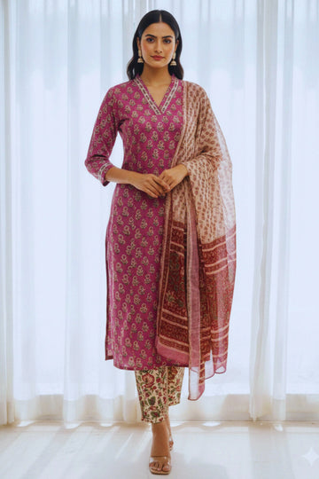 Rust Hand Block Printed Straight cotton Kurta Set with Chiffon Dupatta