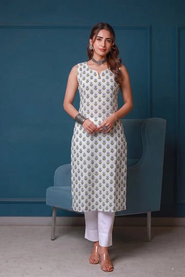 Blue Hand Printed Sleeveless Straight Kurta