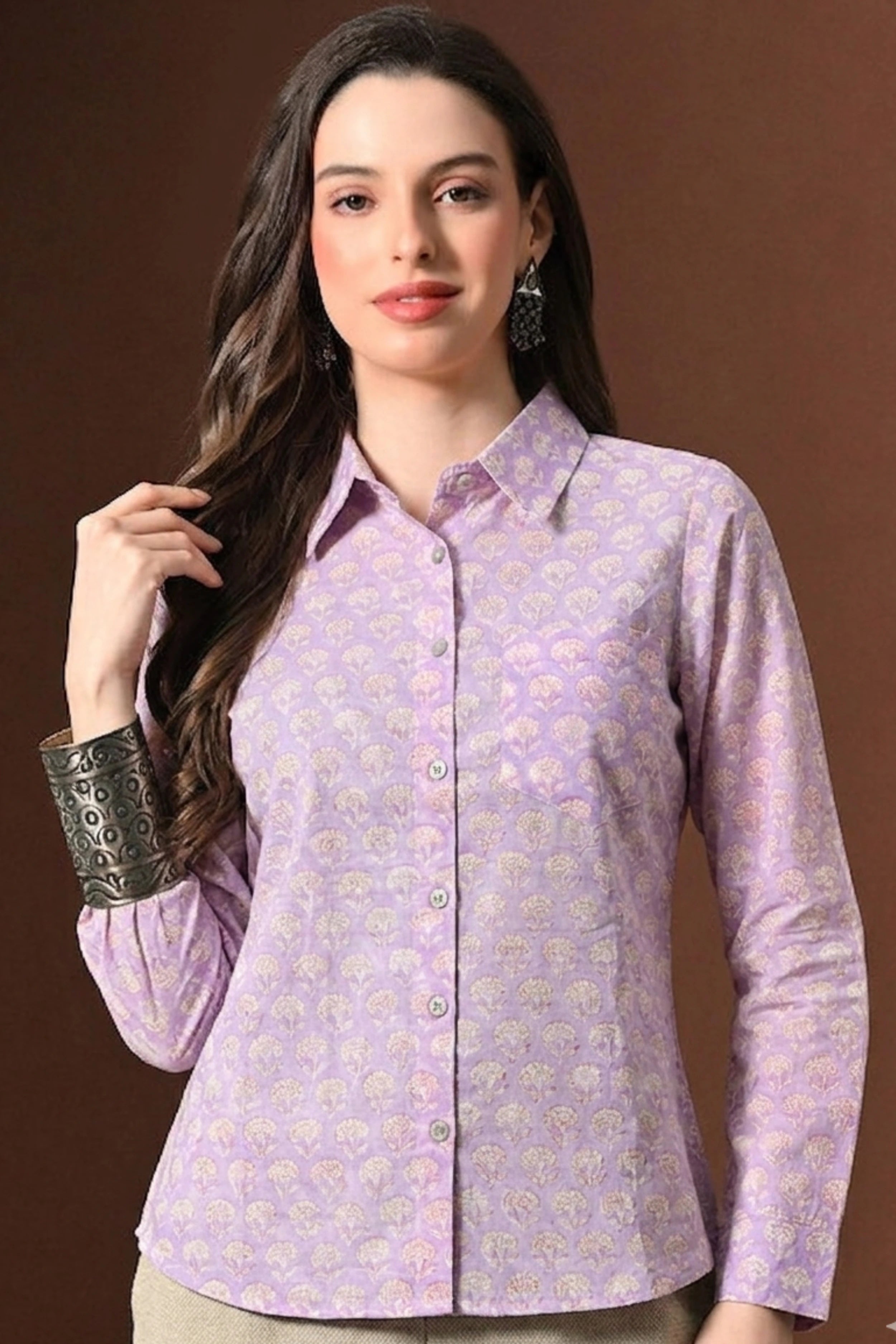 Soft Lilac Purple Hand Block Printed Collared Shirt
