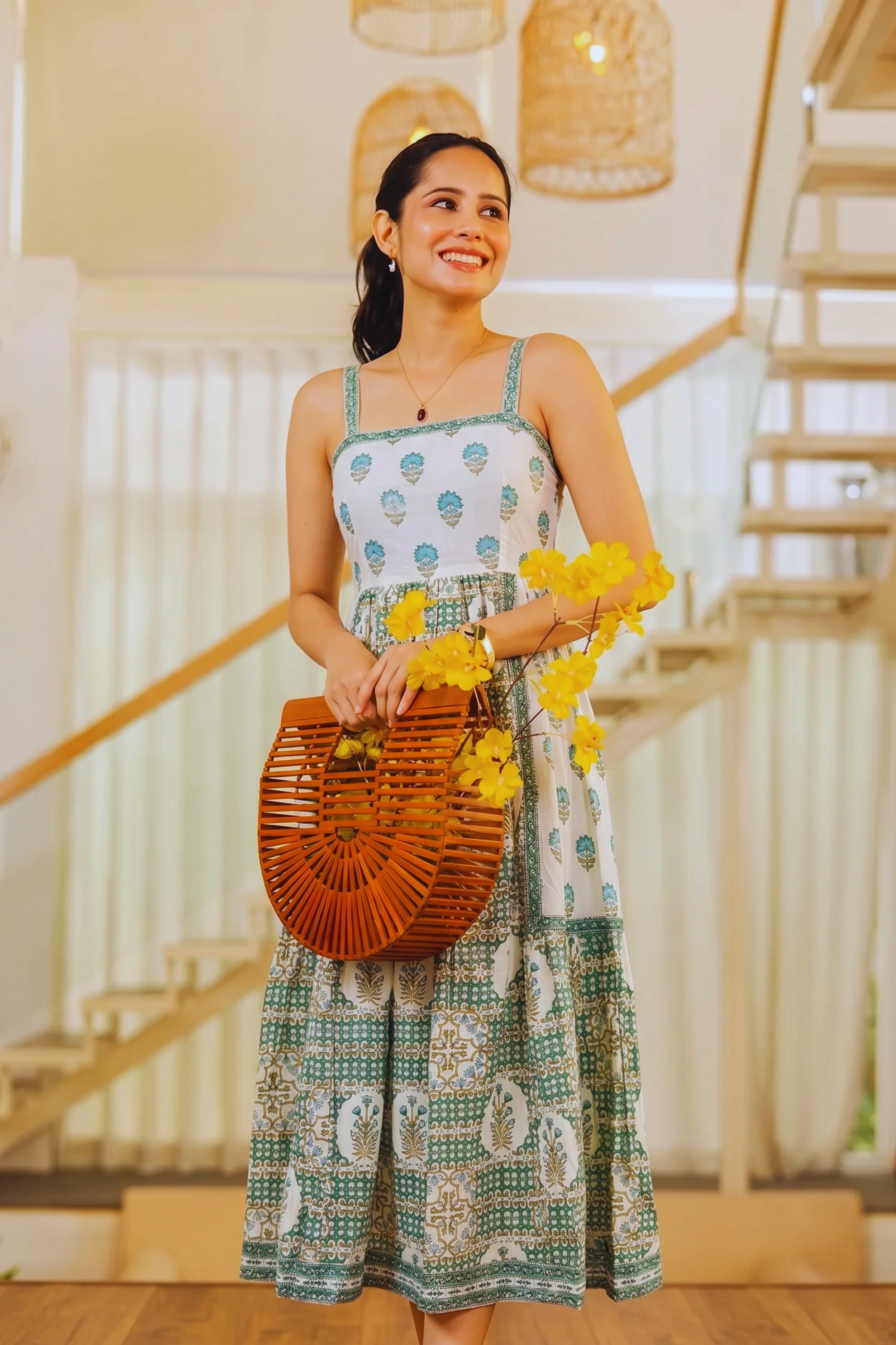 Light Green Hand Block Floral Printed Sleeveless Tiered Midi Dress