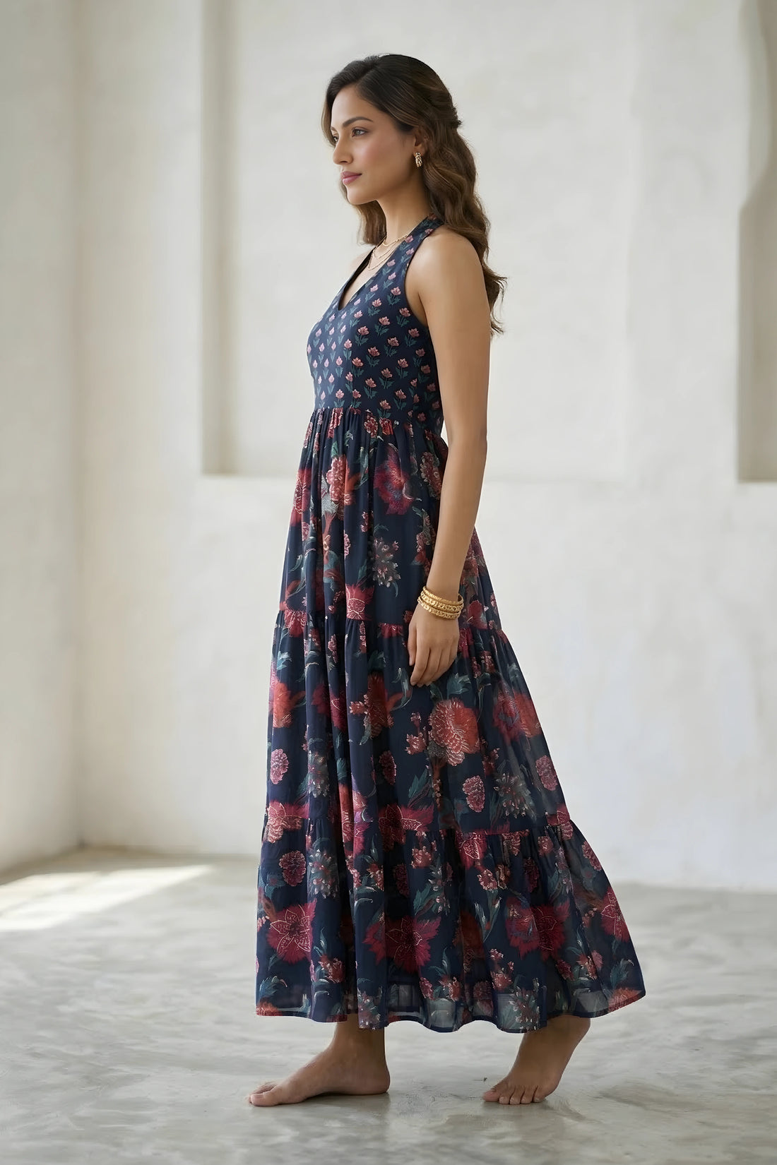 Blue Floral Hand Printed Halter Maxi Dress
