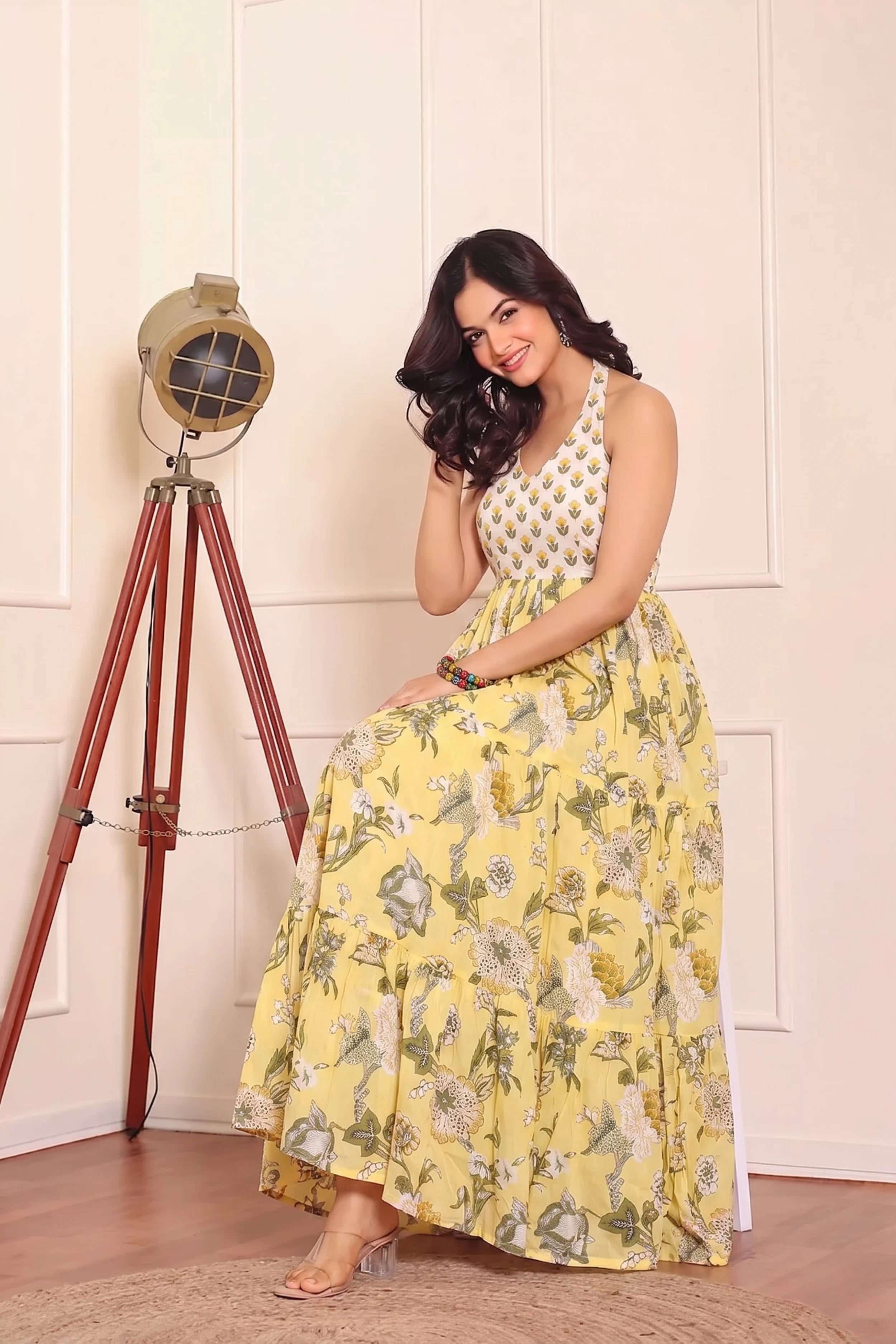 Yellow Floral Hand Printed Halter Maxi Dress
