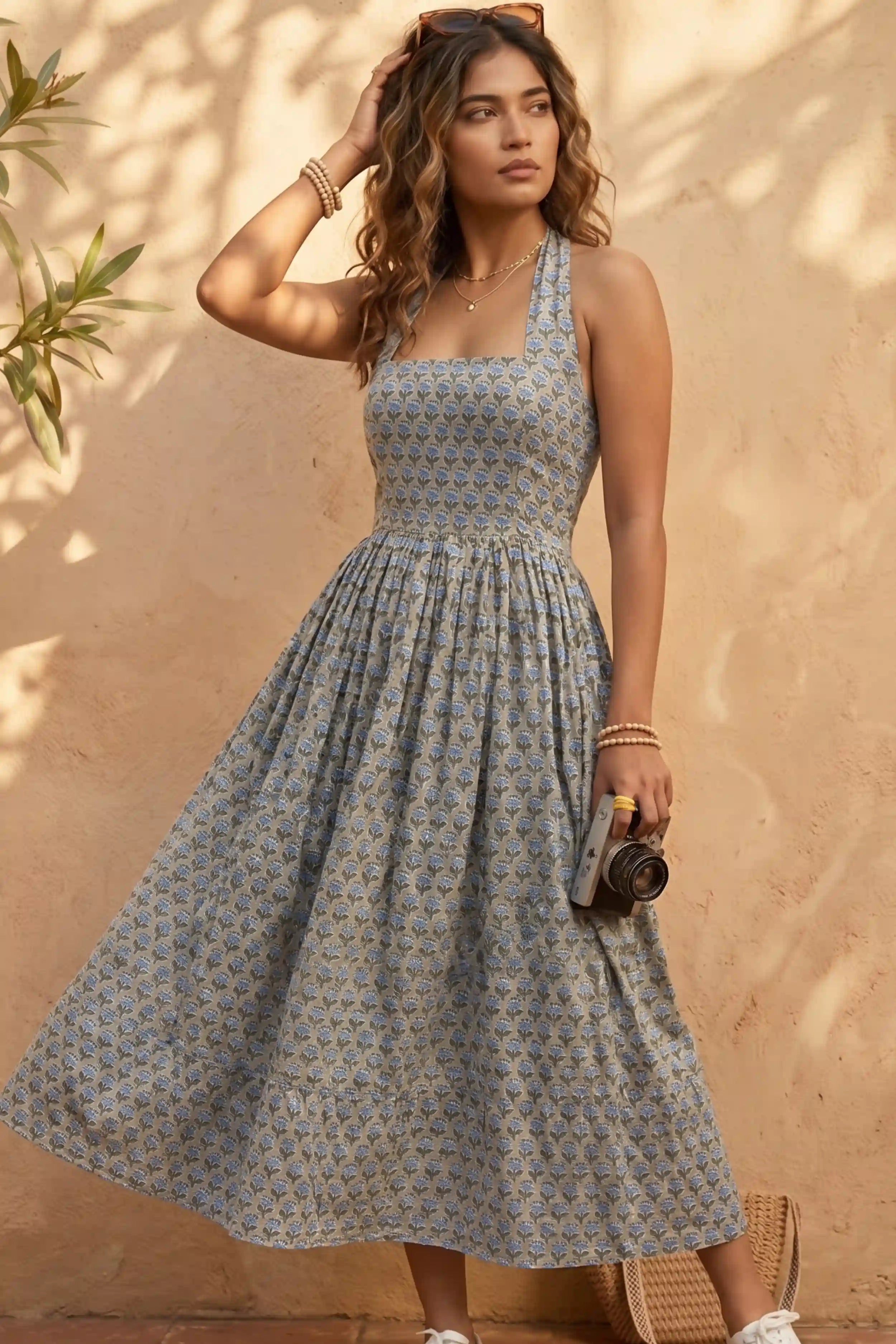 Powder Blue Hand-Block Printed Square Neck Halter Midi Dress