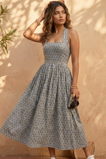 Powder Blue Hand-Block Printed Square Neck Halter Midi Dress