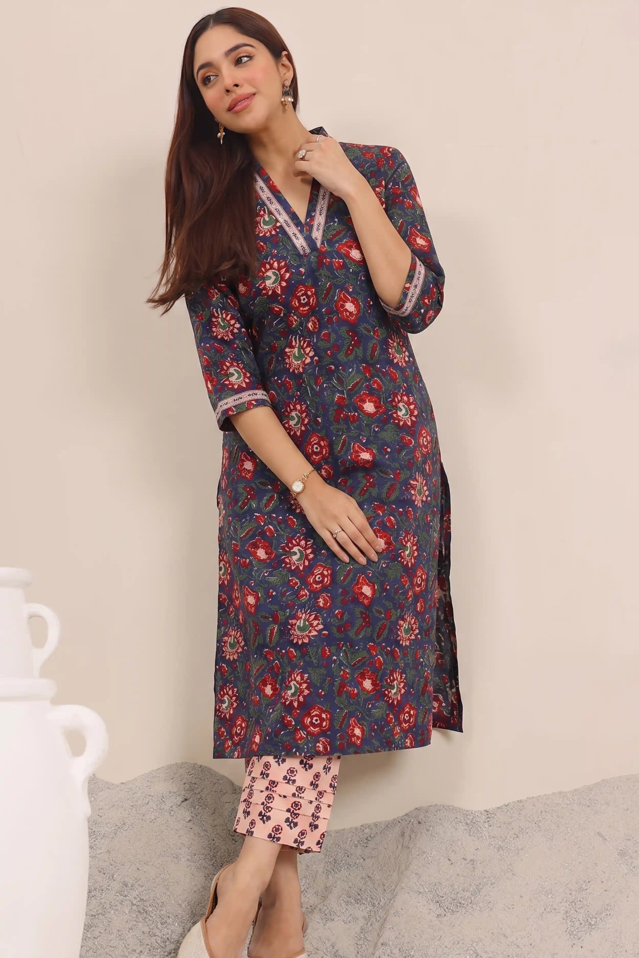 Blue Hand Block Printed Straight Cotton Kurta Pant Set (2 Pcs)
