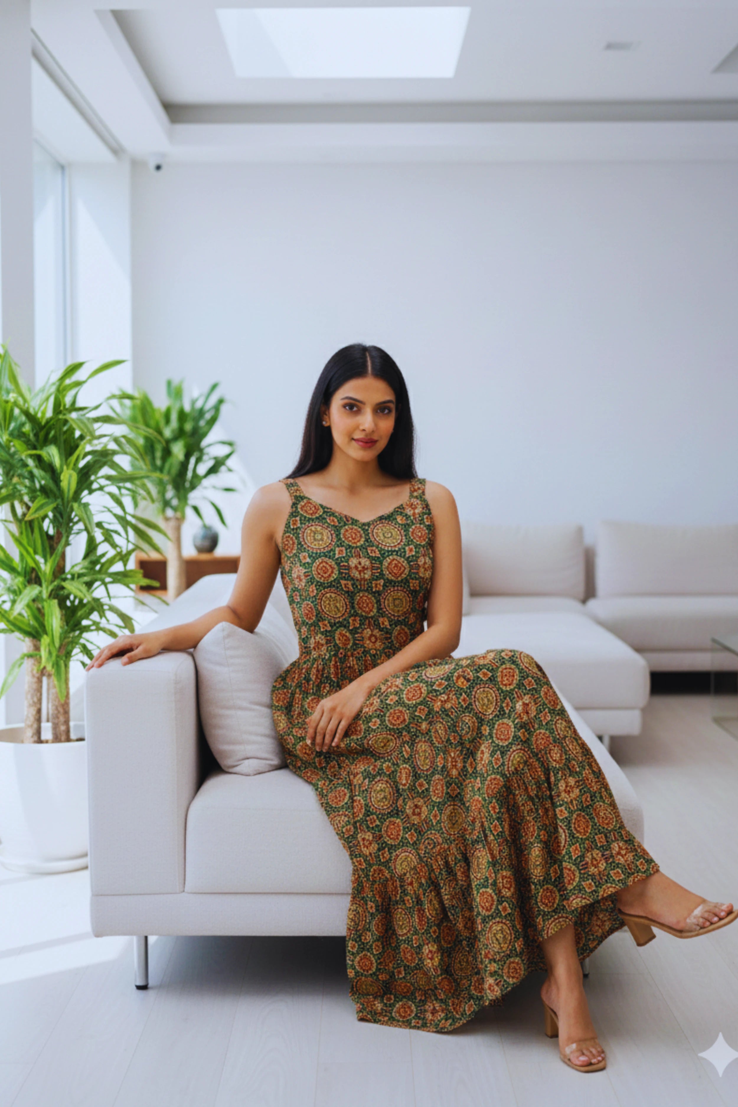 Bottle Green Ajrak Printed Sleeveless Cotton Maxi Dress