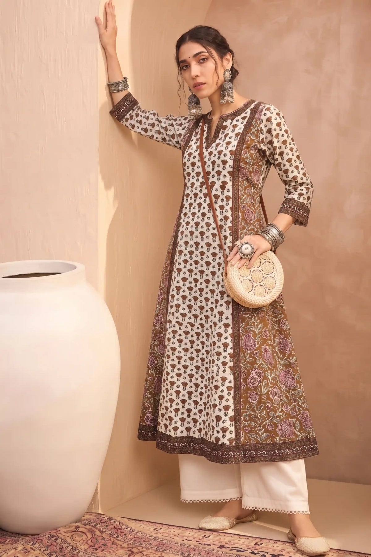 Mocha Brown Printed Winter Special Cotton Flex A-Line Kurta