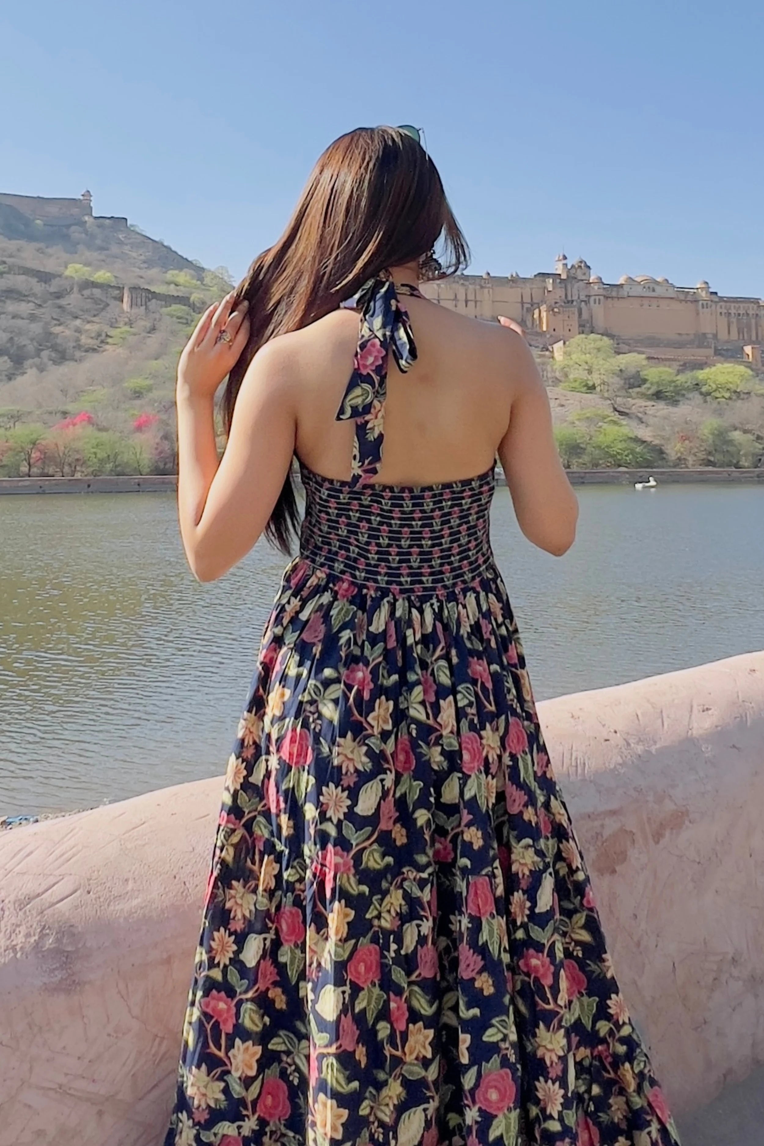 Blue Floral Hand Printed Halter Maxi Dress
