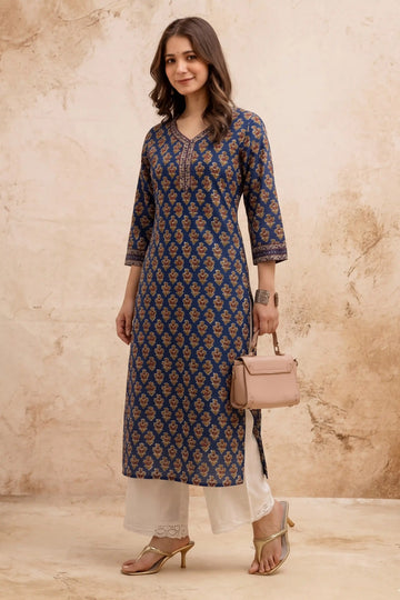 Navy Blue V-Neck Hand Printed Straight Kurta