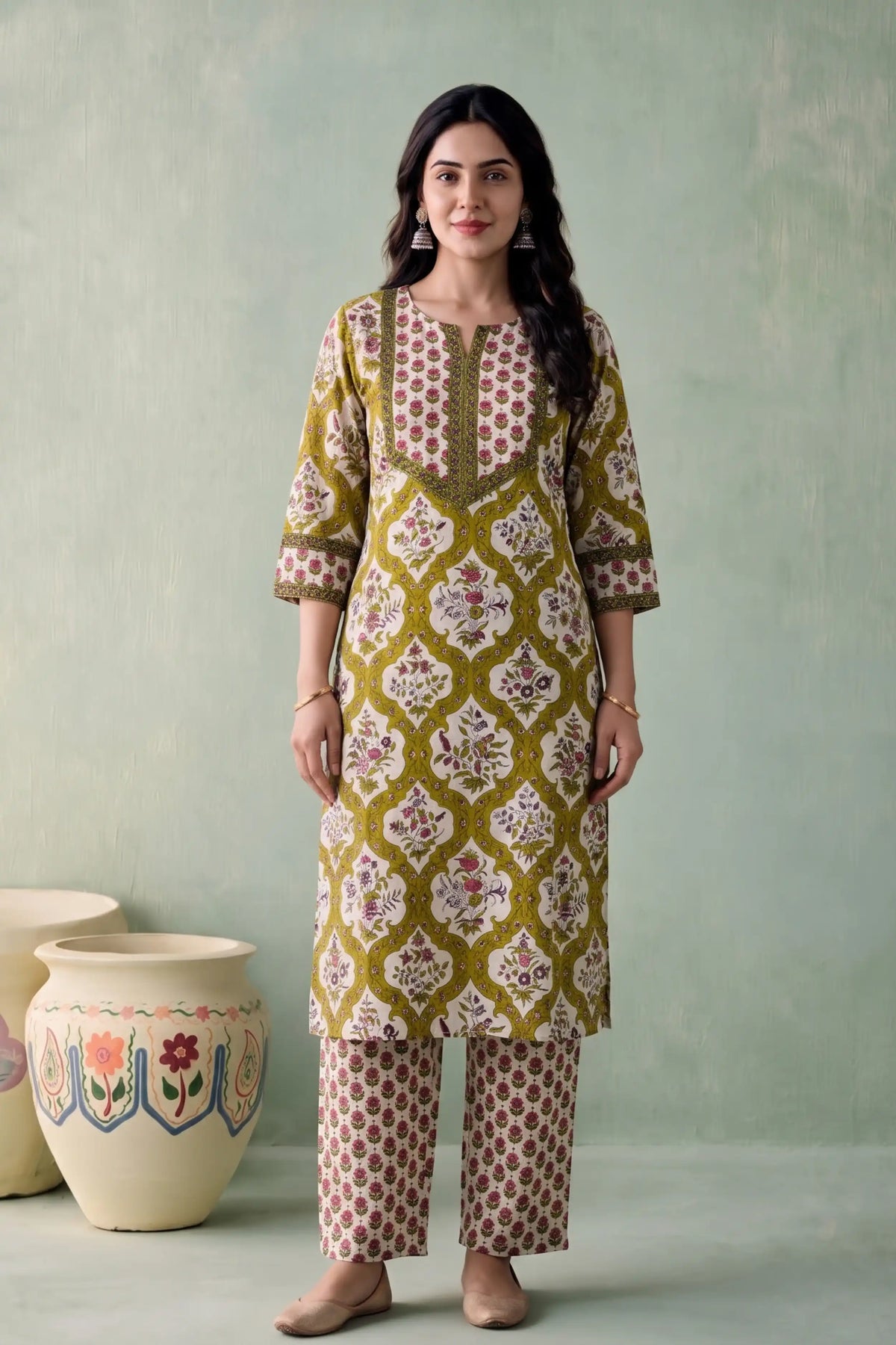 Yellow Floral Printed Cotton Flex Straight Kurta Set (Winter Special) – 2 PCS