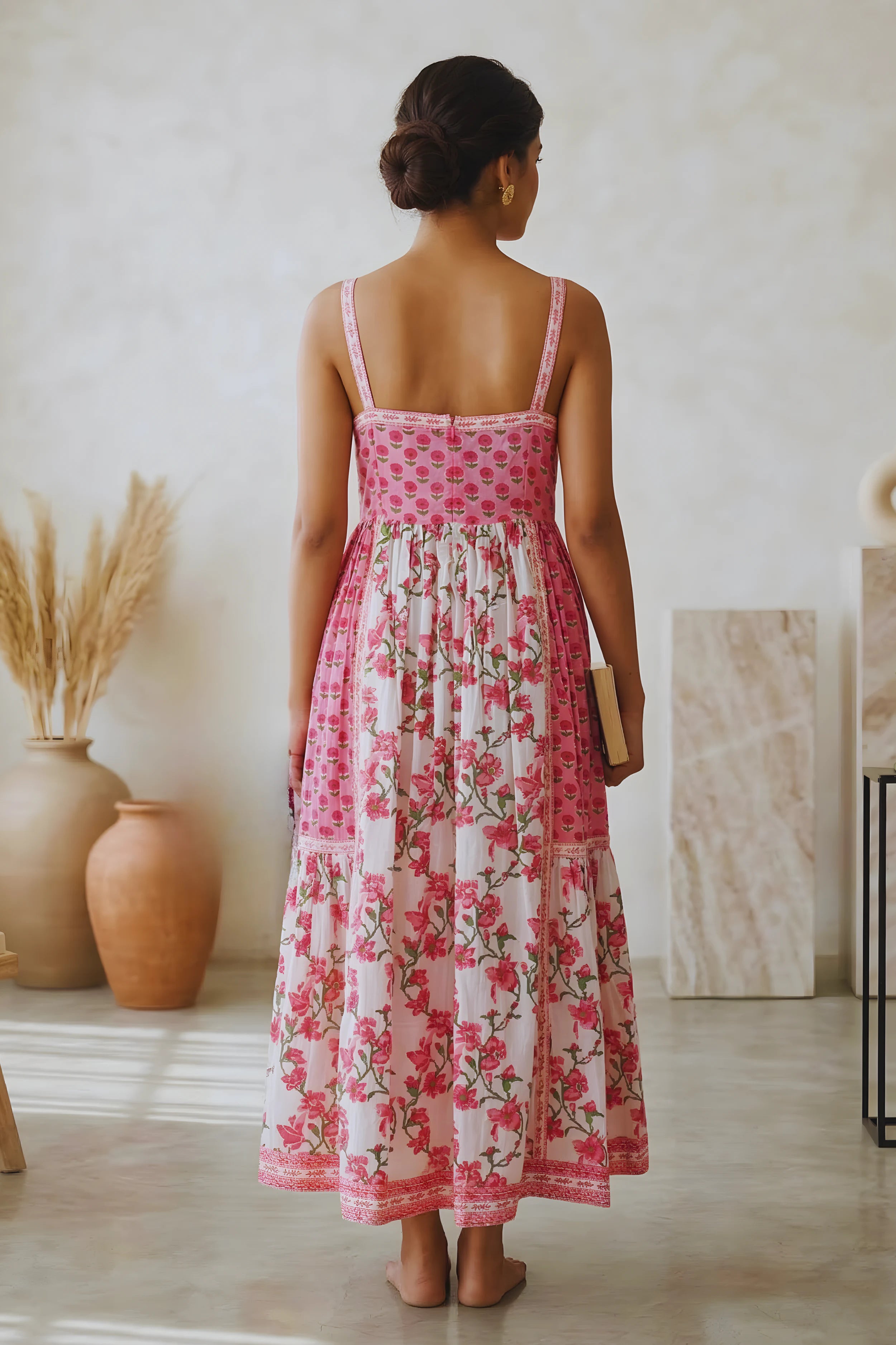 Blush Pink Hand Block Floral Printed Sleeveless Tiered Midi Dress