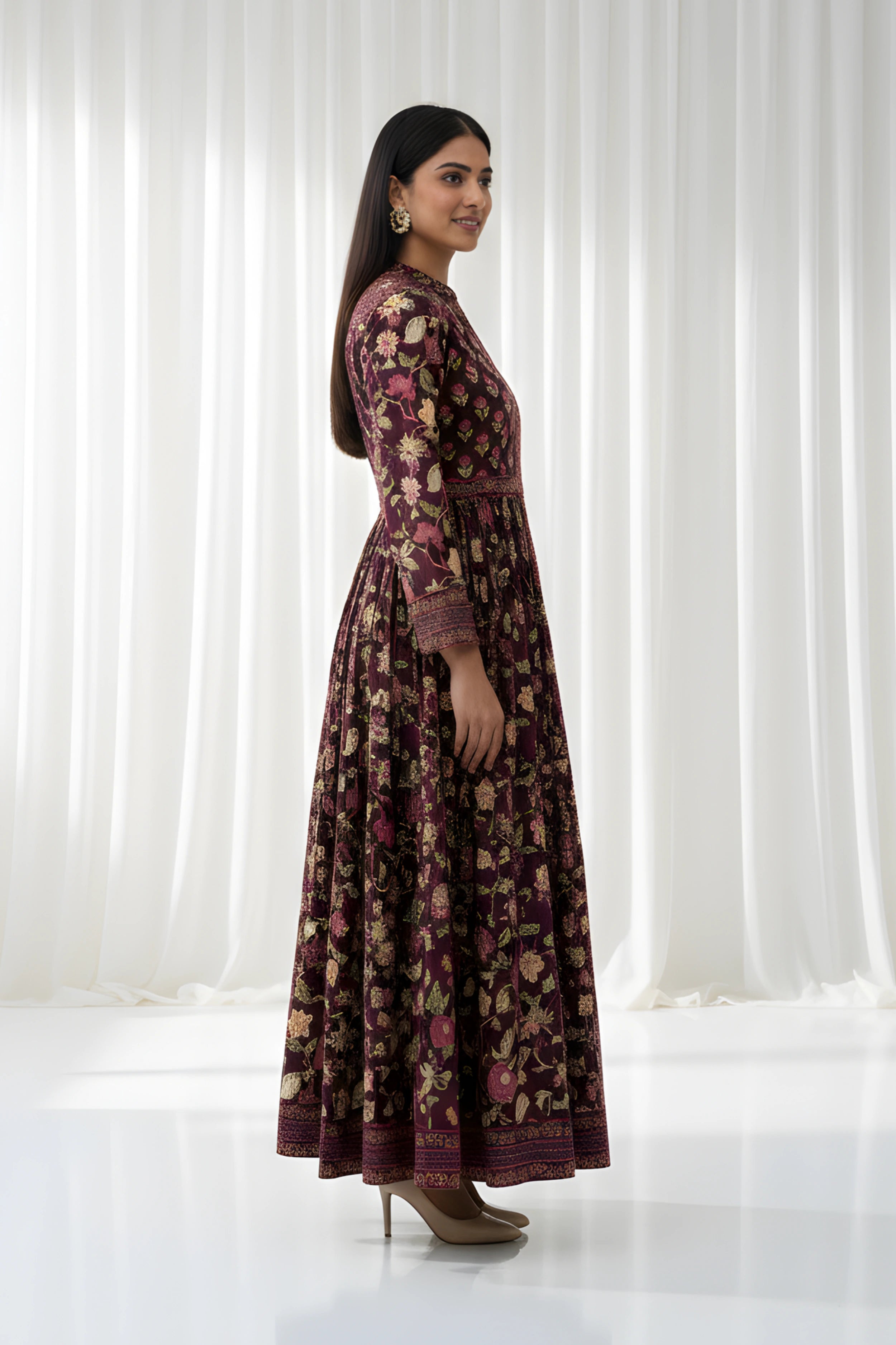 Burgundy Anarkali Cotton Hand Block Printed Ethnic Maxi Dress