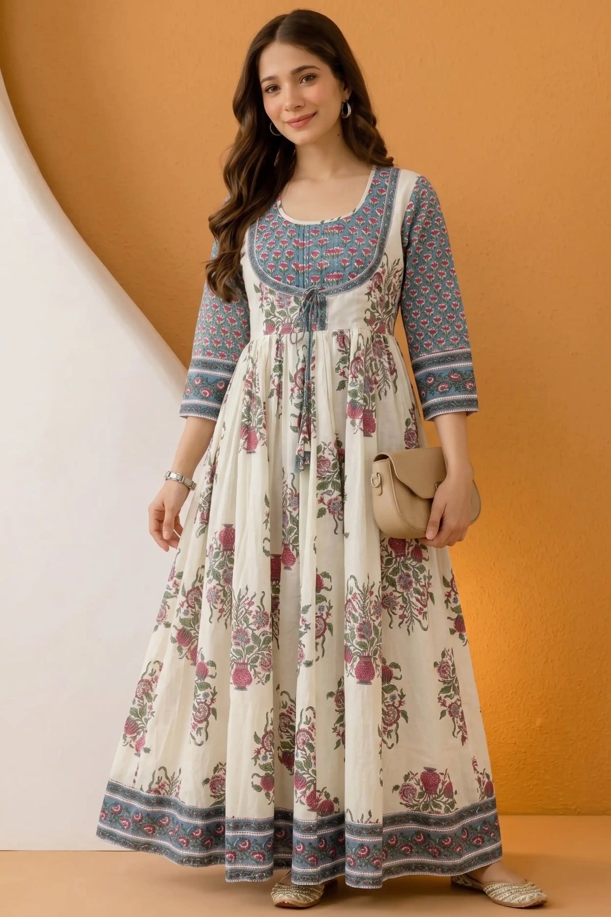 Dark Green Hand Block Floral Printed Anarkali Maxi Dress