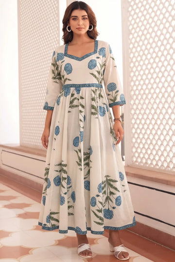 Blue Hand-Printed Anarkali Maxi Dress