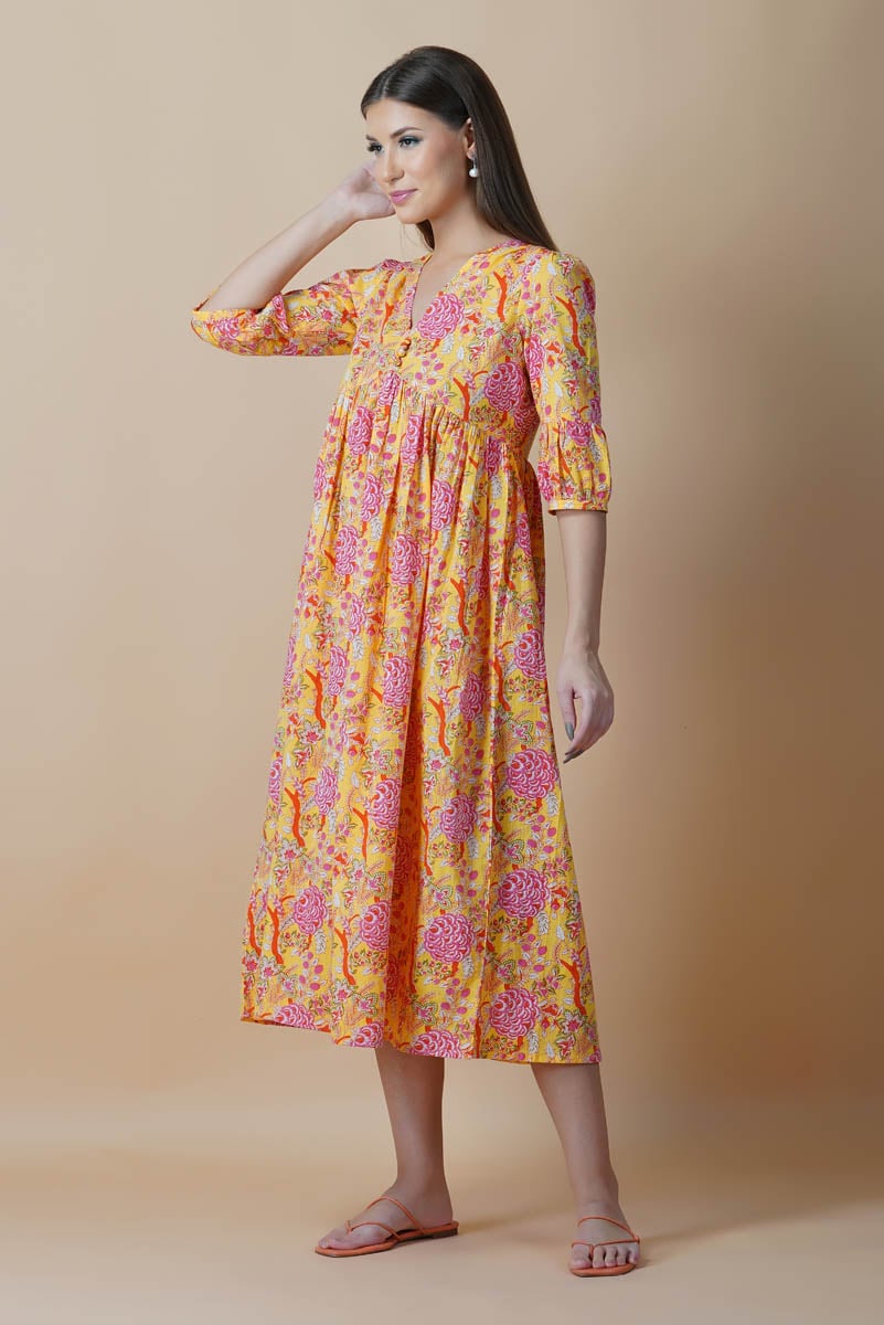Yellow Floral Block Printed V-Neck Dress With Flared Hem & Pleated Sleeves