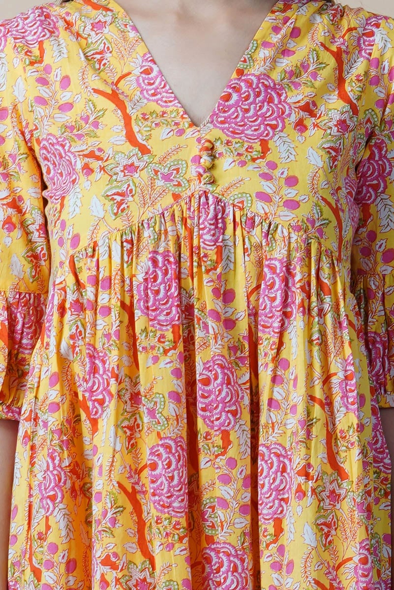 Yellow Floral Block Printed V-Neck Dress With Flared Hem & Pleated Sleeves