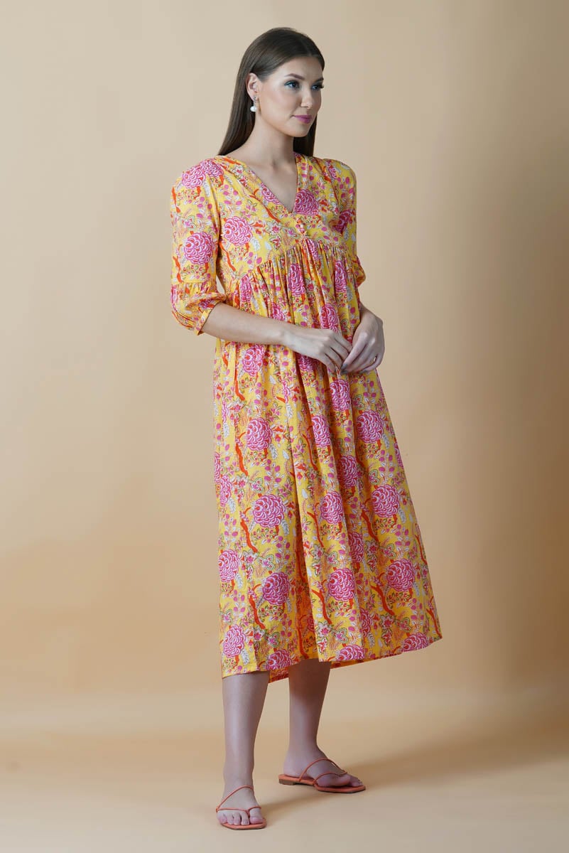 Yellow Floral Block Printed V-Neck Dress With Flared Hem & Pleated Sleeves