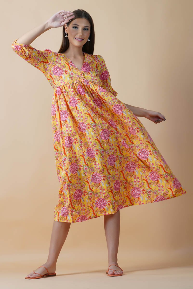 Yellow Floral Block Printed V-Neck Dress With Flared Hem & Pleated Sleeves