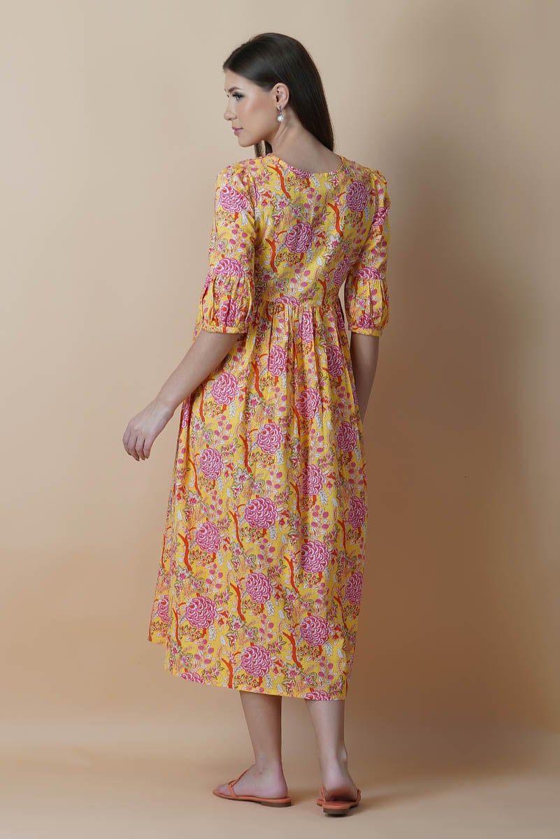 Yellow Floral Block Printed V-Neck Dress With Flared Hem & Pleated Sleeves