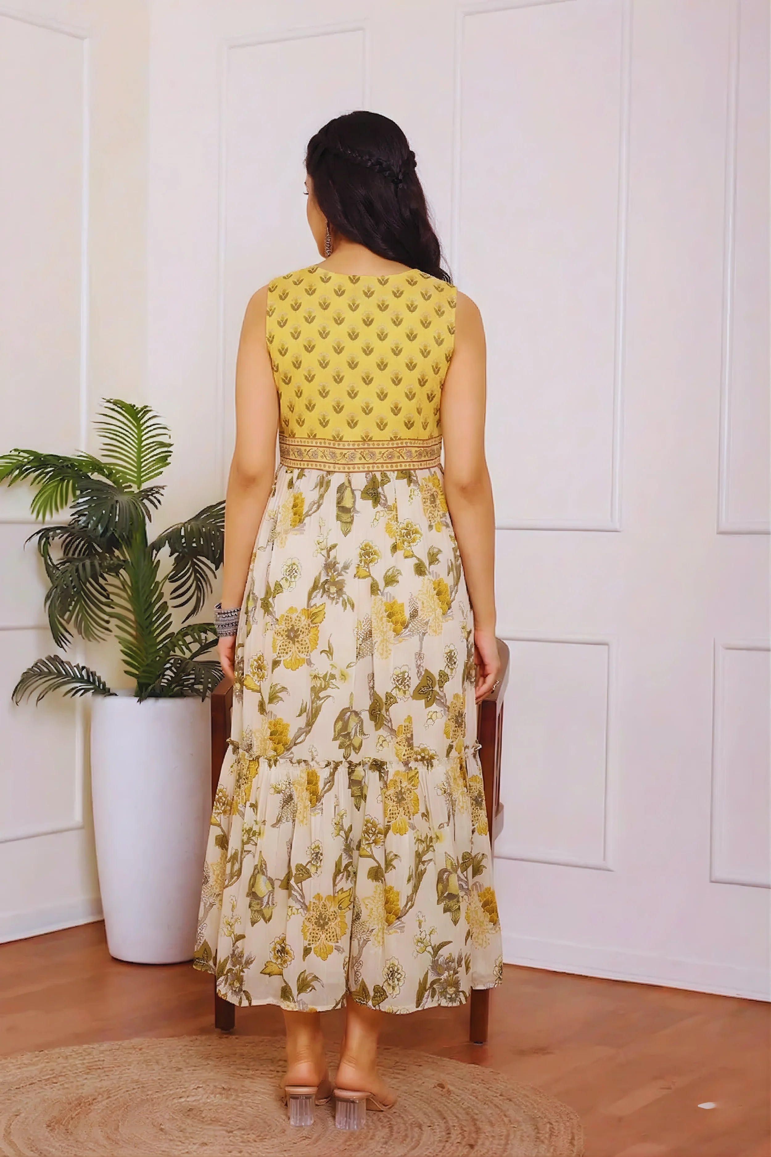 Light Yellow Floral Hand Printed Cotton Sleeveless Dress