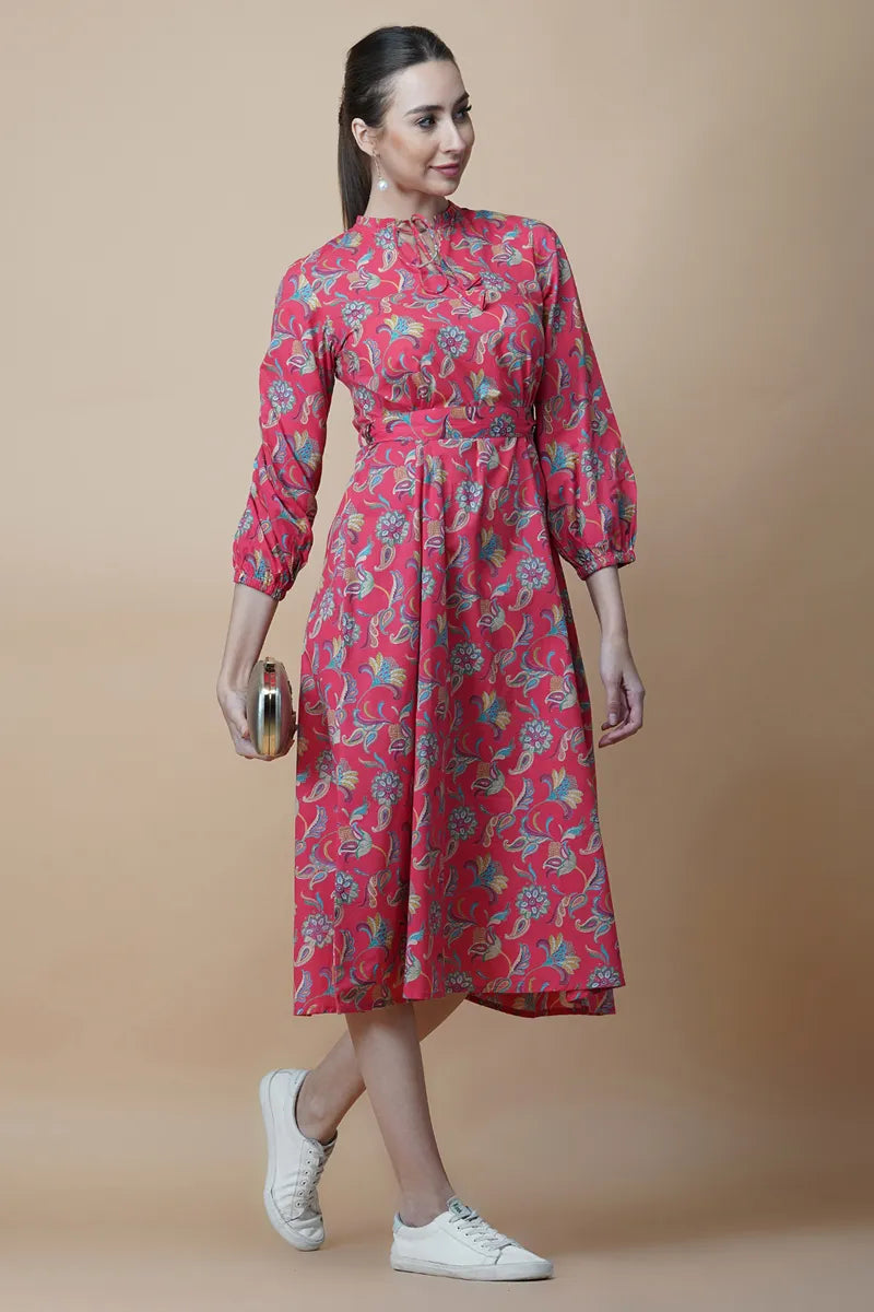 Red Block Printed Round Ruffel Neck Dress with Tussel