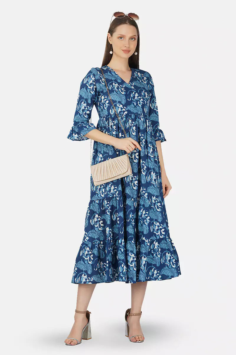 Dark Blue Hand Block printed V-Neck Long Printed Tired Dress With Gather
