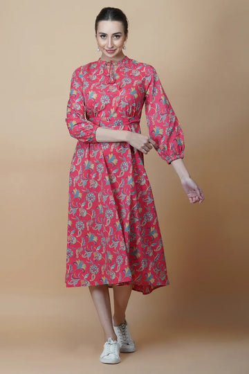 Red Block Printed Round Ruffel Neck Dress with Tussel