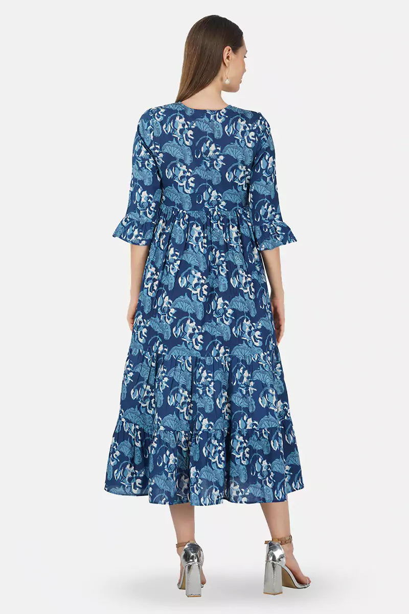 Dark Blue Hand Block printed V-Neck Long Printed Tired Dress With Gather