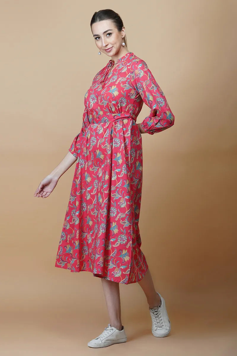 Red Block Printed Round Ruffel Neck Dress with Tussel