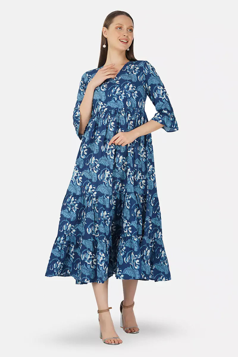 Dark Blue Hand Block printed V-Neck Long Printed Tired Dress With Gather