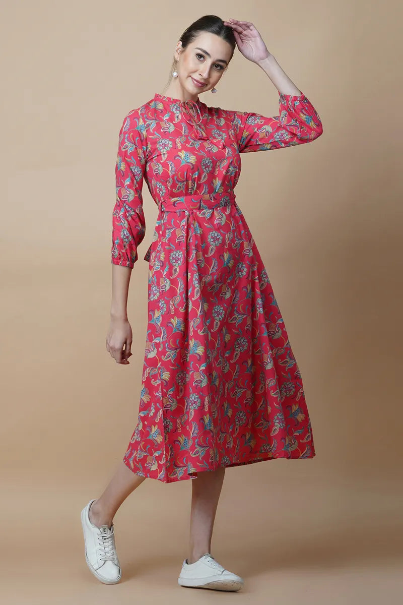 Red Block Printed Round Ruffel Neck Dress with Tussel