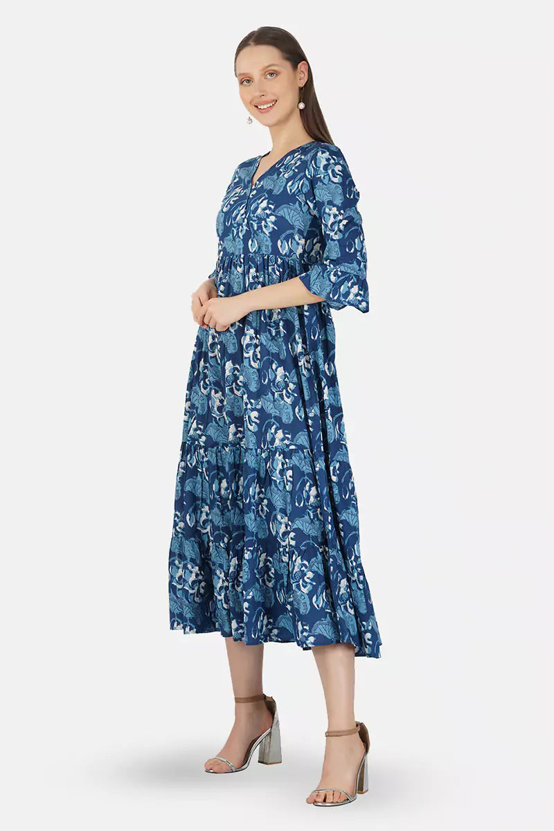 Dark Blue Hand Block printed V-Neck Long Printed Tired Dress With Gather