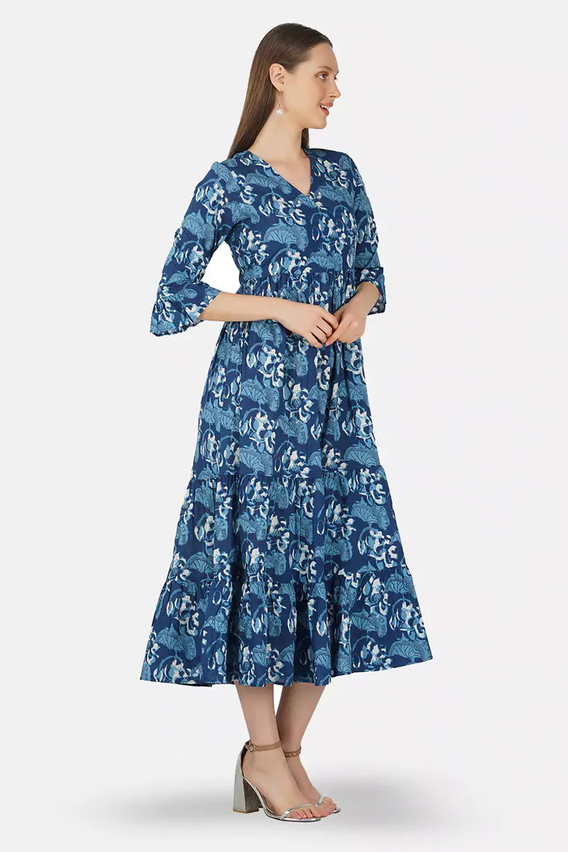 Dark Blue Hand Block printed V-Neck Long Printed Tired Dress With Gather