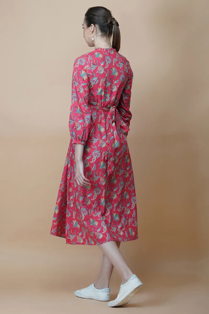 Red Block Printed Round Ruffel Neck Dress with Tussel