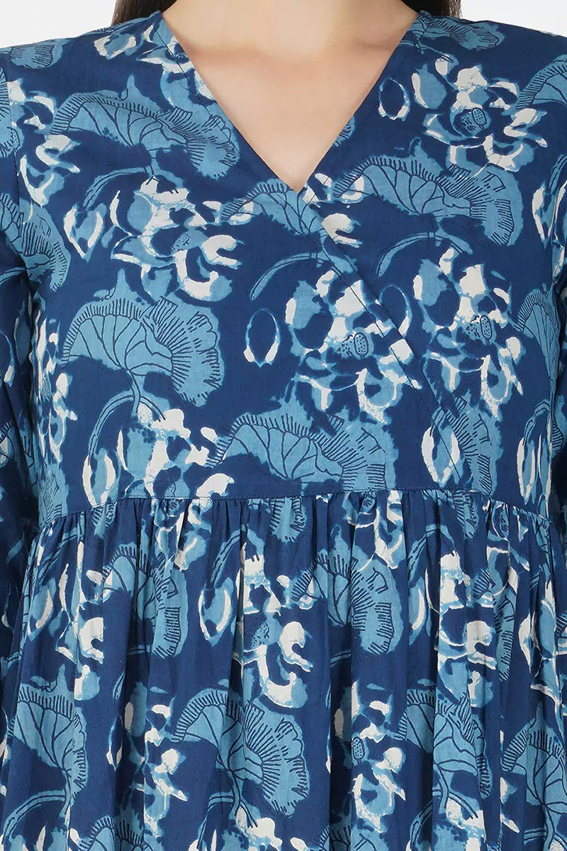 Dark Blue Hand Block printed V-Neck Long Printed Tired Dress With Gather