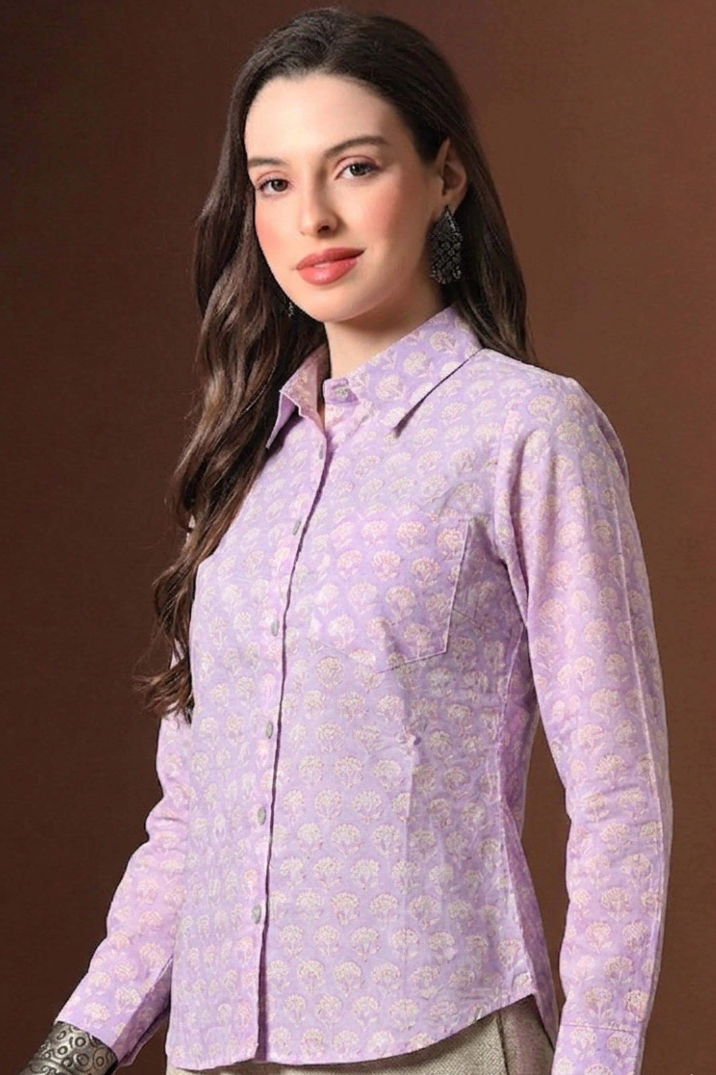 Soft Lilac Purple Hand Block Printed Collared Shirt