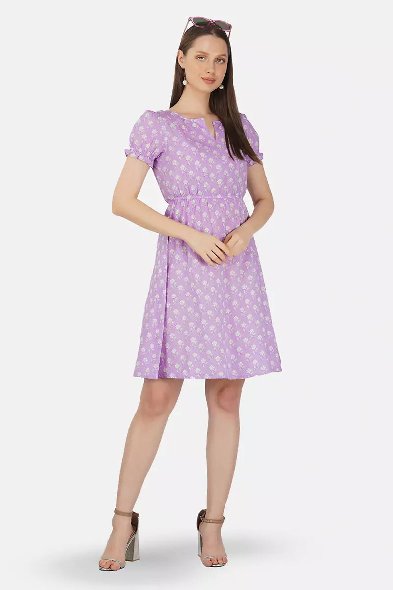 Purple Hand Block Printed Round Neck Tunic Dress With V- Slit