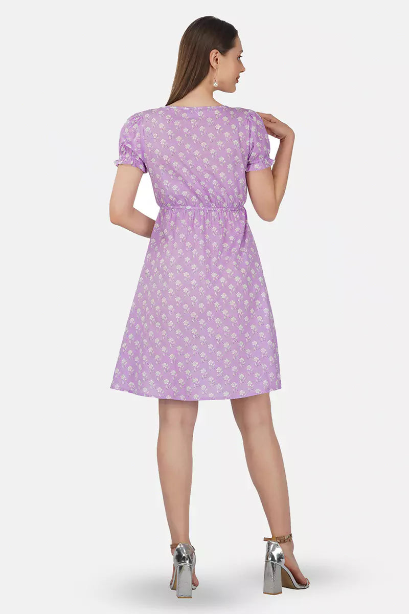 Purple Hand Block Printed Round Neck Tunic Dress With V- Slit