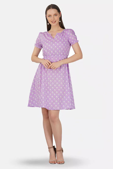 Purple Hand Block Printed Round Neck Tunic Dress With V- Slit