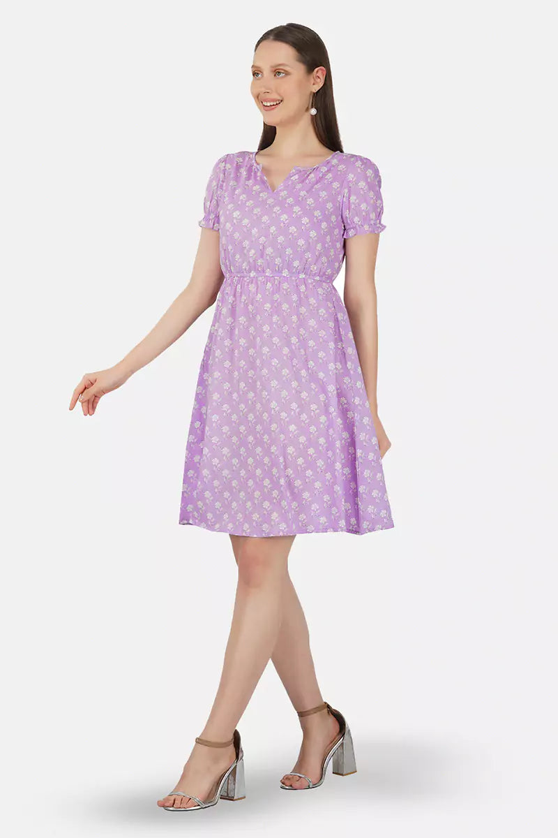 Purple Hand Block Printed Round Neck Tunic Dress With V- Slit