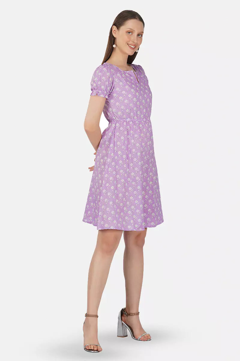 Purple Hand Block Printed Round Neck Tunic Dress With V- Slit